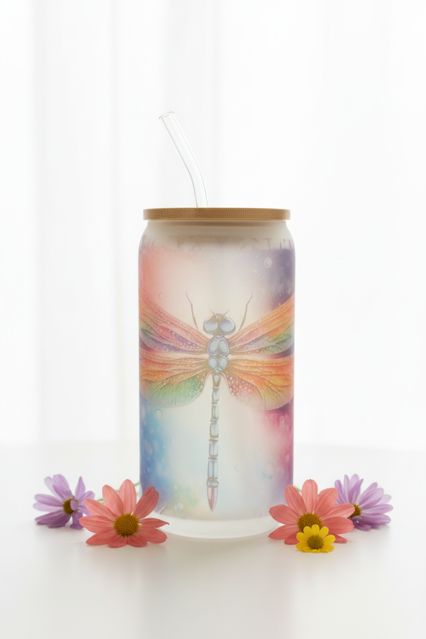 Rainbow Dragonfly Frosted Glass Can Cup - Styled