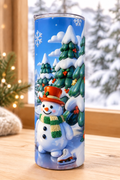 Snowman tumbler in a cozy winter setting