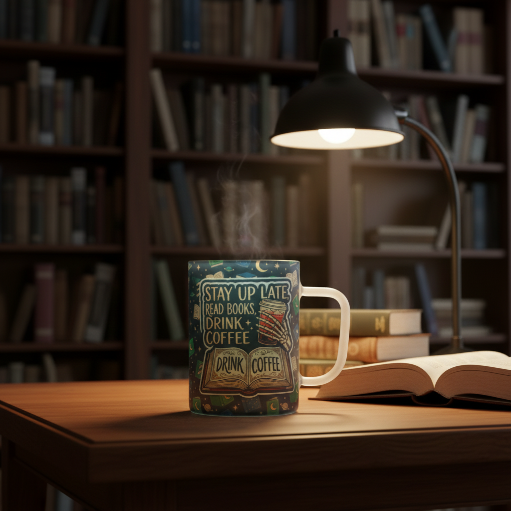 Stay Up Late Mug in Home Library