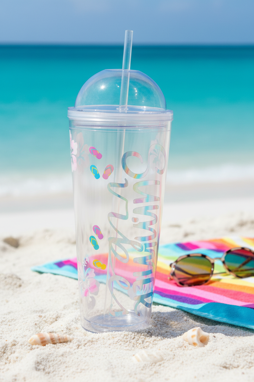 Summer Vibes Acrylic Tumbler - Tropical Beach Setting