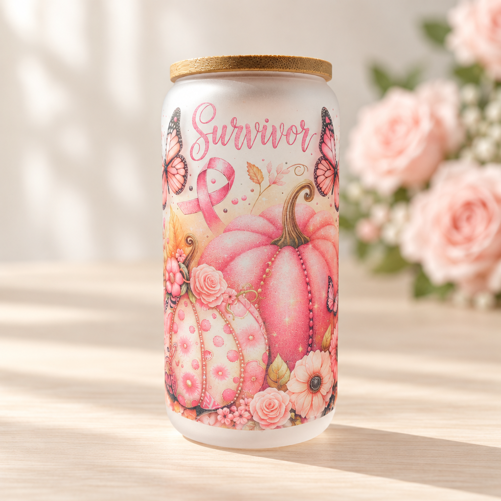 Survivor pink pumpkin cup in a soft floral setting