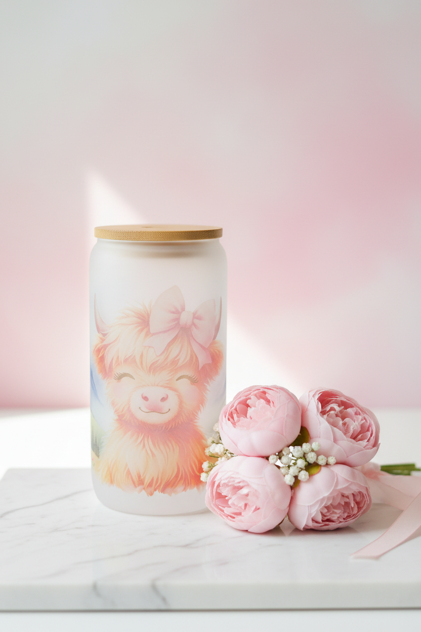 Sweet Highland Cow Glass Can - Pink Marble Setting