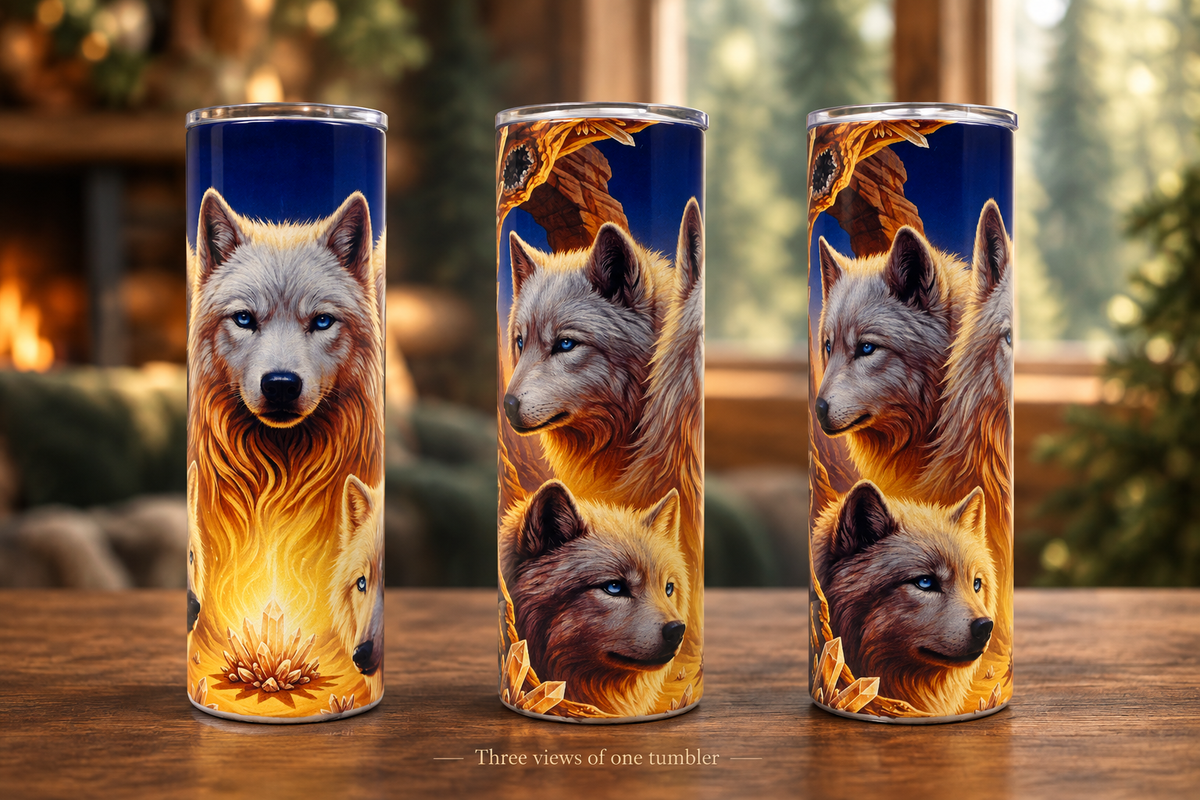 Three views of the wolf tumbler in a woodland cabin setting