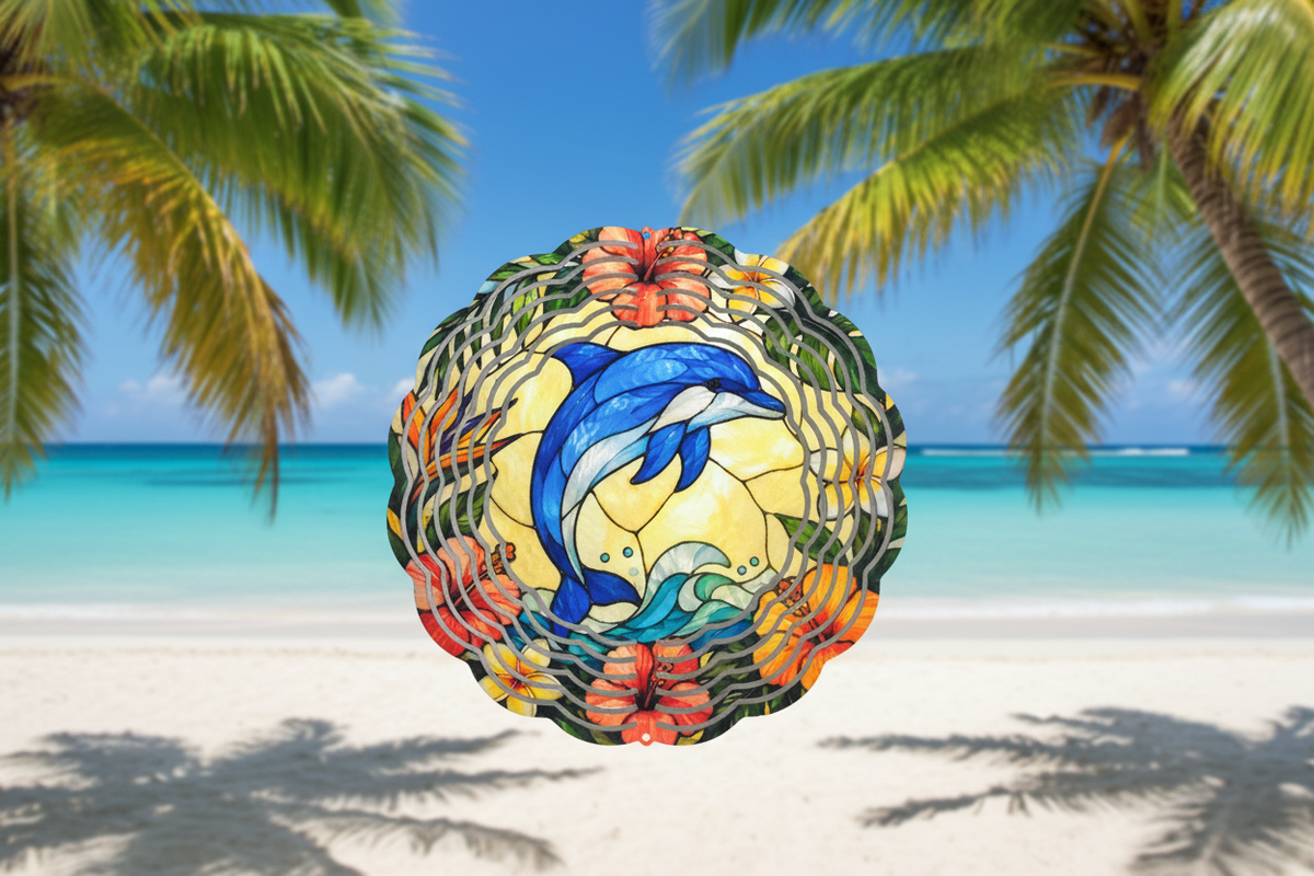 Tropical Stained Glass Dolphin Wind Spinner