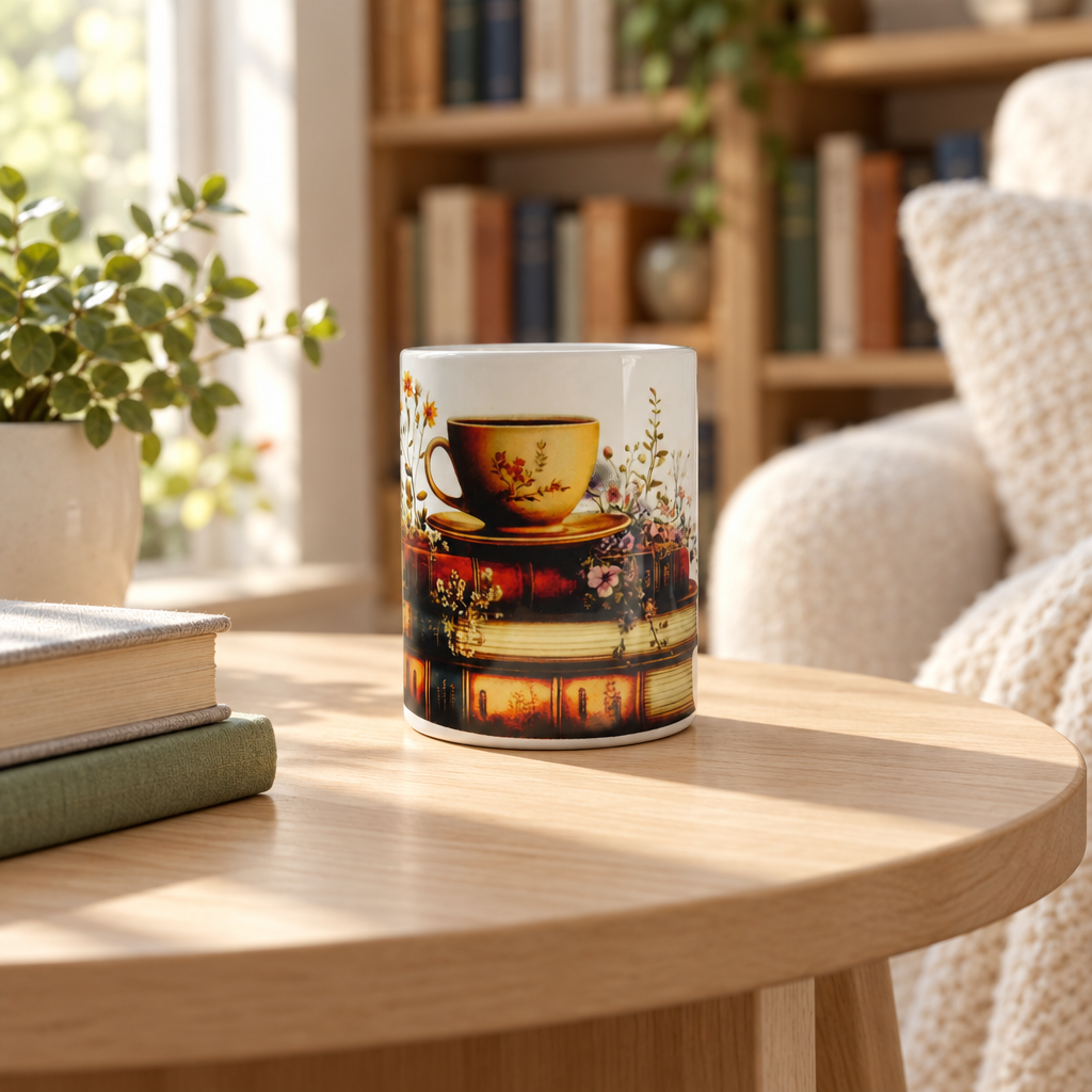 Vintage books and teacup mug in a reading nook