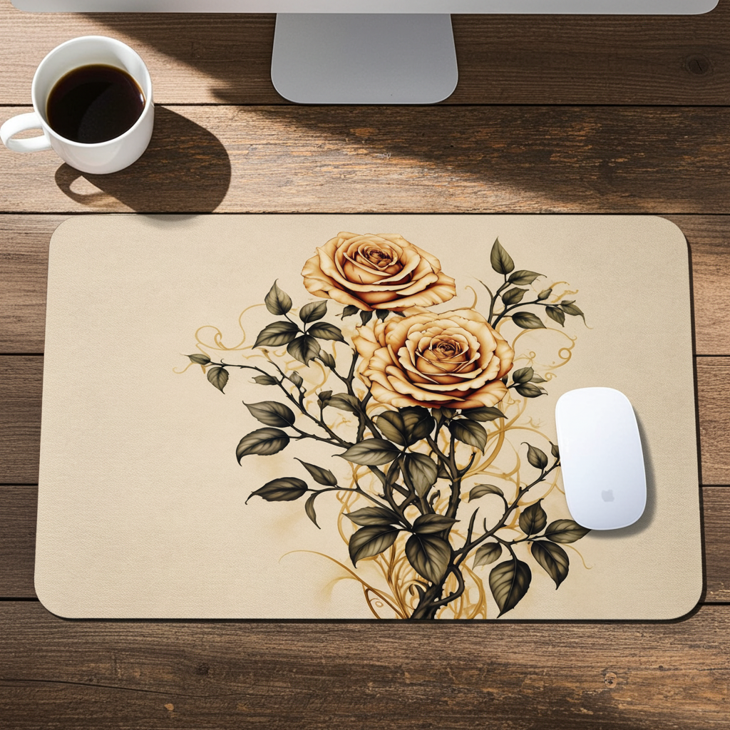 Vintage Rose Botanical Mouse Pad with golden roses and dark leafy vines displayed on a wooden desk with mouse and coffee