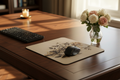 Vintage Rose Botanical Mouse Pad displayed on a wooden desk with computer mouse and floral decor