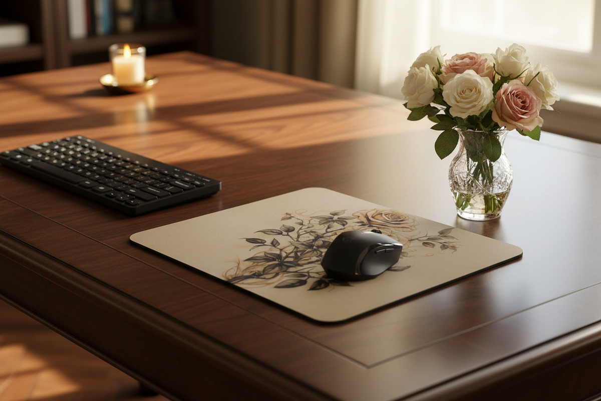 Vintage Rose Botanical Mouse Pad displayed on a wooden desk with computer mouse and floral decor