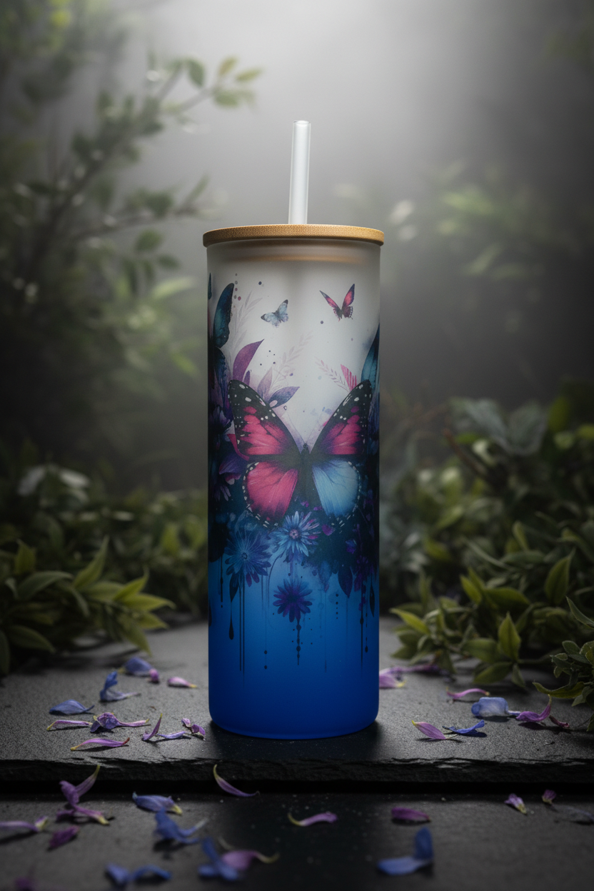 Watercolor Butterfly Dreams Glass Tumbler - Moody Botanical Setting
