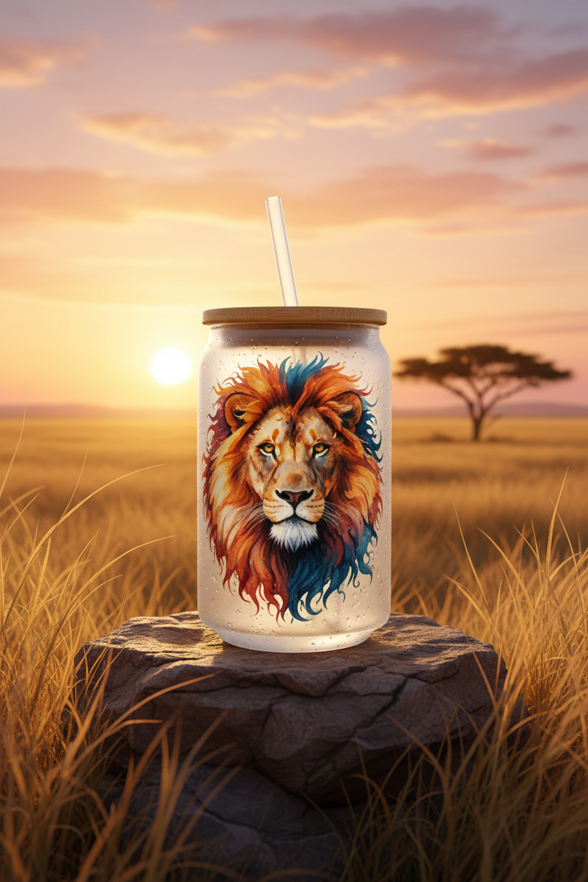 Watercolor Lion Glass Can Cup – Golden Savanna