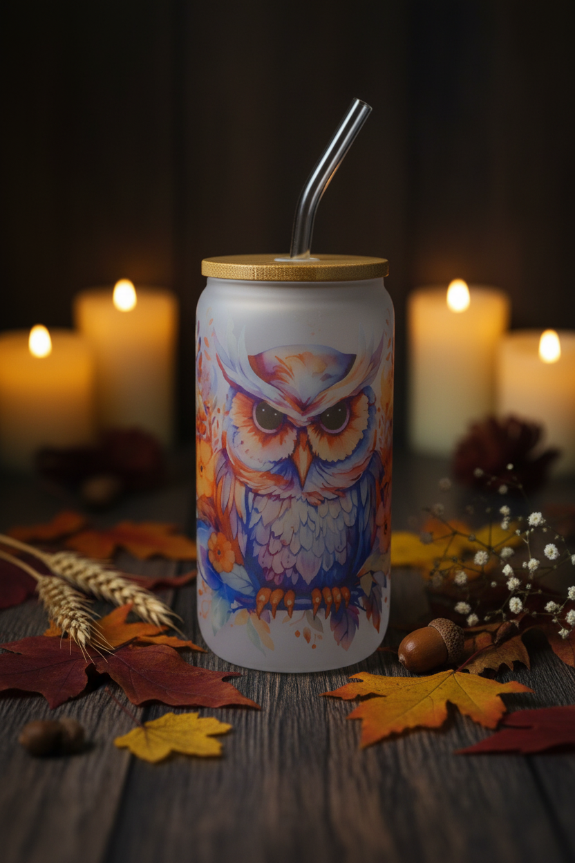 Watercolor Owl Frosted Glass Can Cup