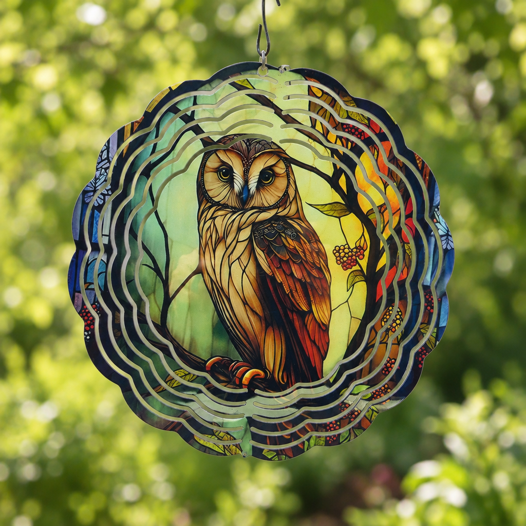 Woodland owl wind spinner in an outdoor garden setting