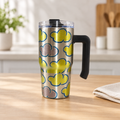 Yellow cloud brushed silver cup in a neutral tabletop setting