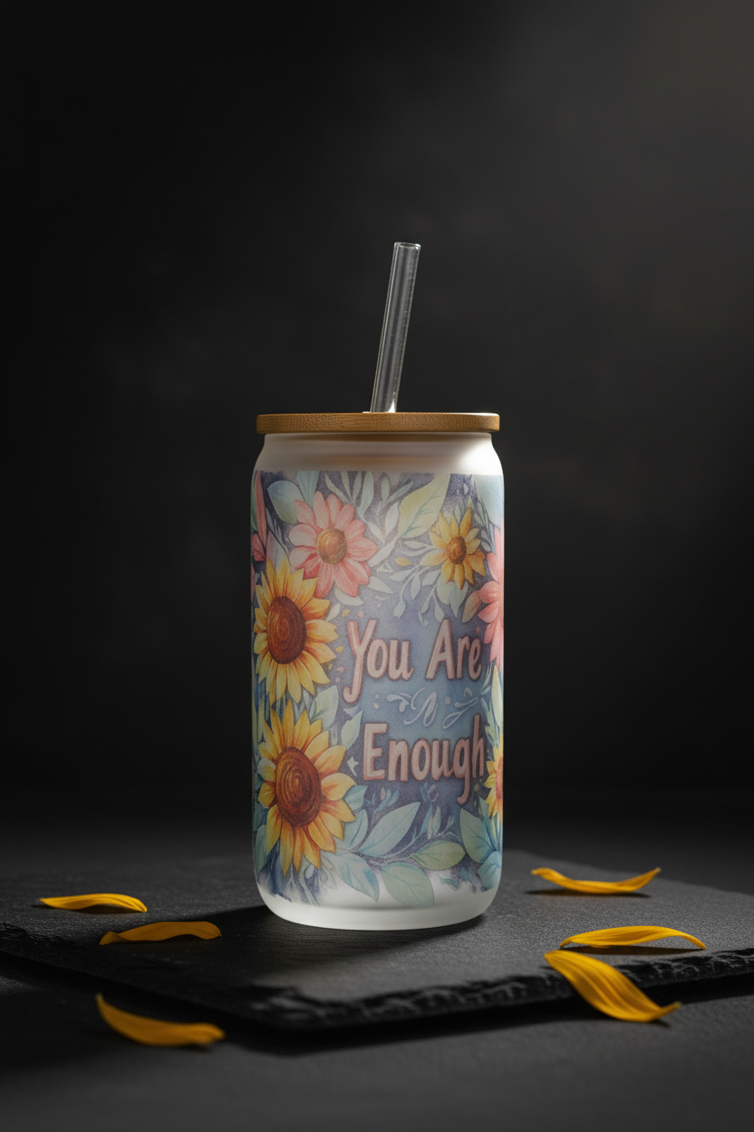 You Are Enough Sunflower Glass Can - Dark Moody Studio