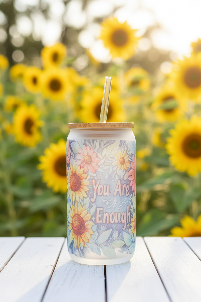 You Are Enough Sunflower Glass Can - Garden Setting